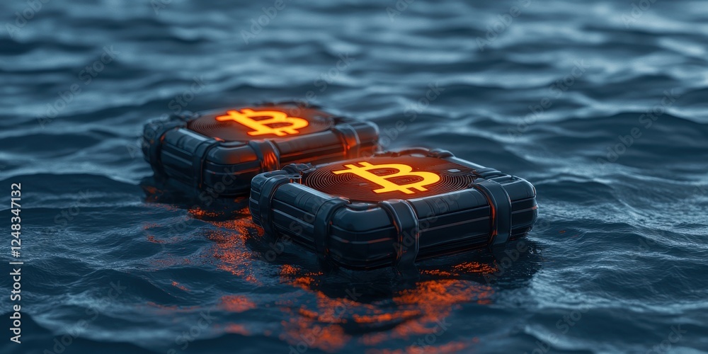 Poster Two glowing Bitcoin symbols rest on the surface of dark water, symbolizing digital currency and its connection to the vastness of the digital realm.