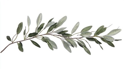 A fresh olive branch with slender, silvery-green leaves, isolated on a crisp white background, offering a sense of peace and natural beauty