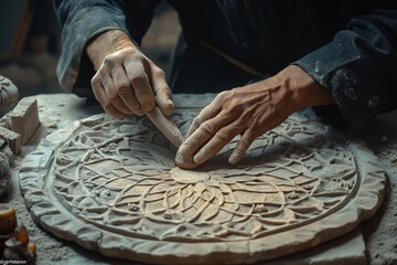Artisan carving intricate stone design in workshop