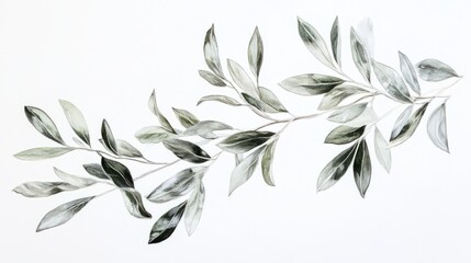 A minimalistic composition of a delicate olive branch with silver-green leaves, floating on a white background, evoking calm and elegance