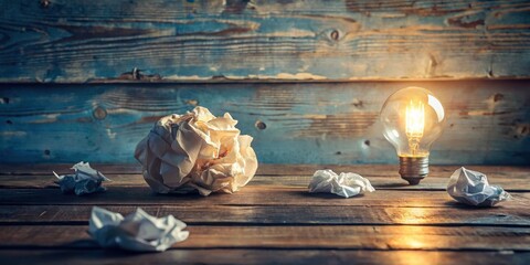 Illuminating Ideas A Glowing Bulb and Crumpled Papers on Rustic Wood Surface