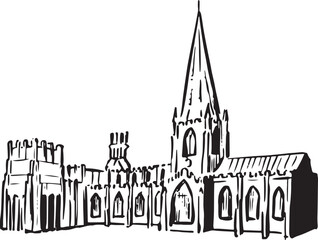 Sheffield Cathedral, Sheffield, England black and white ink sketch. Stunning Gothic architecture with intricate stonework and historic significance.  Tourism, travel, and cultural heritage 