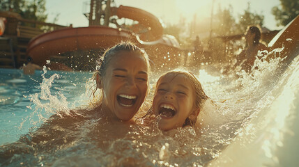 A heartwarming moment as a mother and daughter slide down a twisting water slide together, laughing and splashing, with the sun casting a warm glow over the water park.