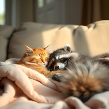 Un mapache y un gato est&aacute;n durmiendo juntos.