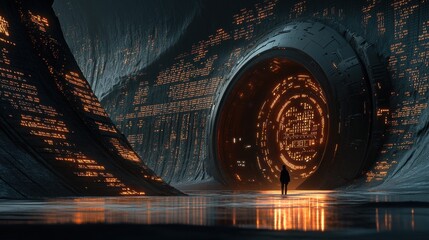 Futuristic Portal with Glowing Patterns in a Dark Sci-Fi Landscape