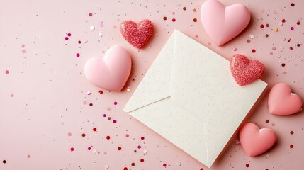Love letter with hearts on a pink background.