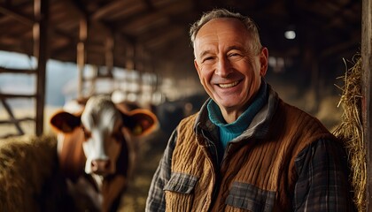Fototapeta premium Smiling farmer stands in barn with cow in background