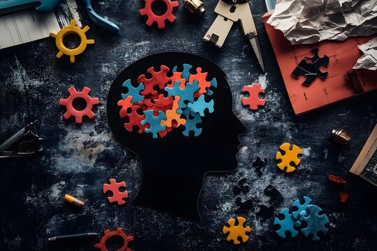Colorful puzzle pieces fill a head silhouette on a desk, surrounded by work tools