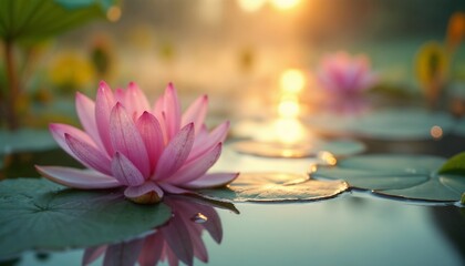 Pink Water Lily Serene Sunset Reflection