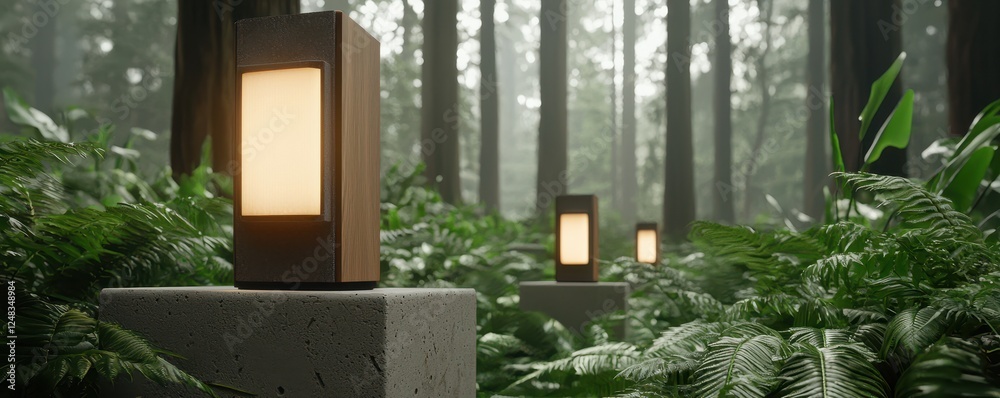 Aufkleber softly glowing lanterns illuminate a serene forest path, surrounded by lush ferns and misty trees.