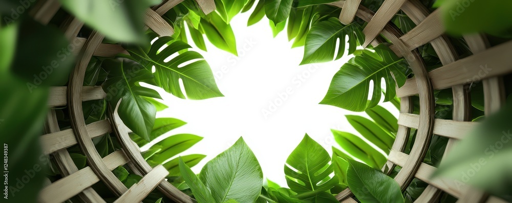Poster a serene view of lush green leaves framed around a bright light source, creating a feeling of tranqu