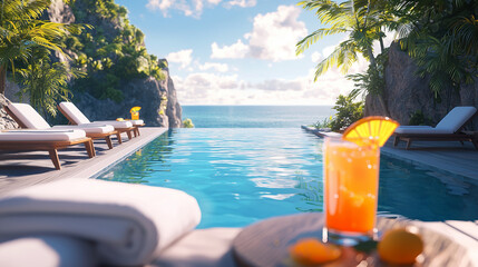 A poolside relaxation scene with a luxury infinity pool overlooking a picturesque ocean view, sunbeds, white towels, and tropical drinks, evoking indulgence and leisure.