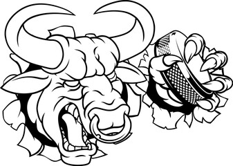 A bull or Minotaur monster longhorn cow angry mean ice hockey mascot cartoon character.