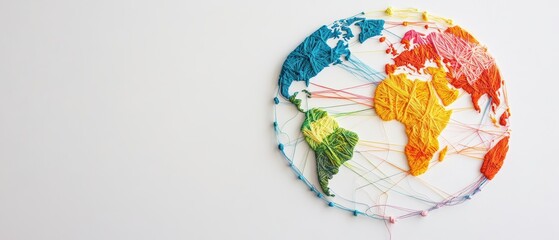 Global Trade Tariffs Impact Concept. Colorful thread art depicting a world map, highlighting continents with vibrant colors and intricate connections.