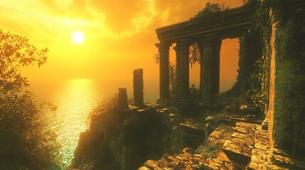 Fototapeta premium Sunset over ocean ruins; ancient stone temple; overgrown vegetation; clifftop location; ideal for travel, history, or fantasy game backgrounds