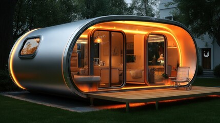Obraz premium Futuristic Oval Cabin: Modern Minimalist Design in Backyard Oasis
