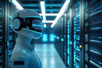 Fototapeta premium AI virtual assistants guide server room technicians through daily tasks.