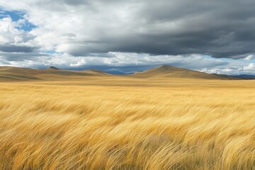 Expansive golden fields stretch beneath a dramatic, cloudy sky, with distant rolling hills creating a serene and picturesque landscape