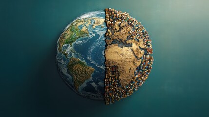 Fototapeta premium Global Trade Tariffs Impact Concept. A globe split between natural landscape and human figures, symbolizing the balance of nature and humanity.