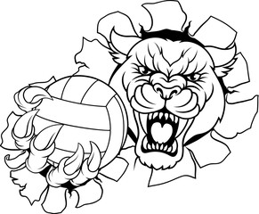 A panther, leopard or cougar wildcat cat jaguar volleyball sports mascot holding a ball