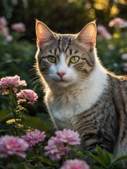 a cat walking in a flower garden

