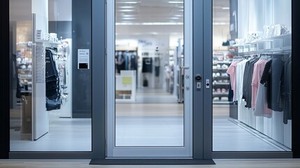 Modern clothing store entrance with glass door and fashion displays