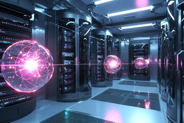 Server room showcases quantum computing with non-traditional visuals.