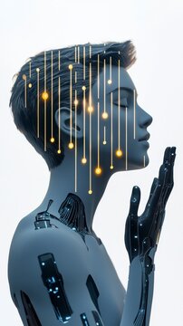 A futuristic depiction of a humanoid figure with robotic features, illuminated by vertical light strands, symbolizing the blend of technology and humanity.