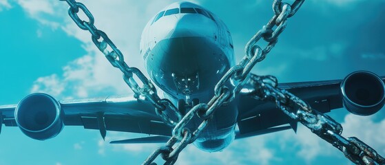 Global Trade Tariffs Impact Concept. A plane is depicted in front of a blue sky, entangled in chains, symbolizing restriction and confinement in aviation.