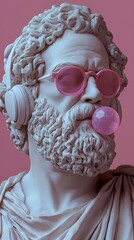 Classical statue with modern accessories enjoys bubble gum in vibrant setting
