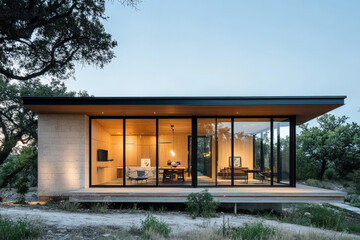 Fototapeta premium Minimalist modern home stands serene in nature