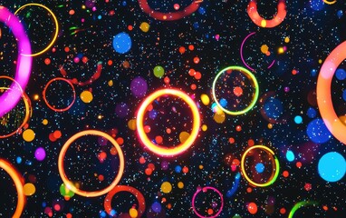 Bright neon circles with dynamic glow on a dark cosmic background