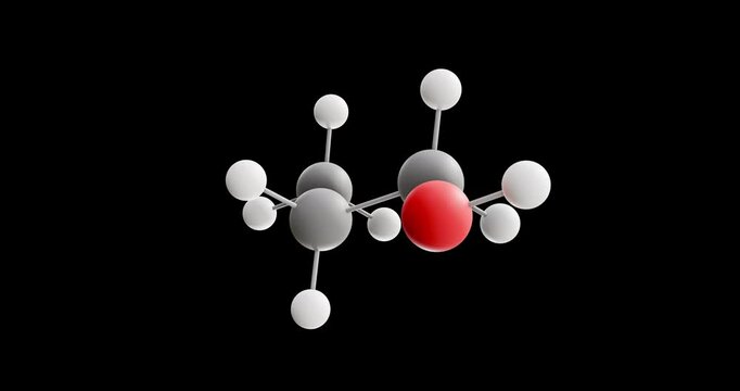 1-Propanol molecule, rotating 3D model of propanol, looped video on a black background