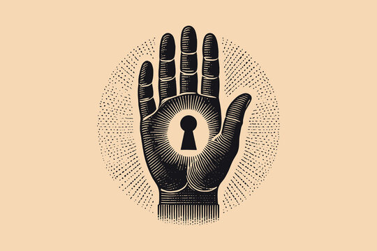 Hand with keyhole mystical vintage black and white engraving
