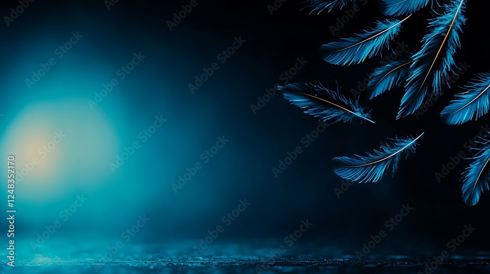 Wall mural Delicate blue feathers floating gracefully in a serene, softly lit background ambiance