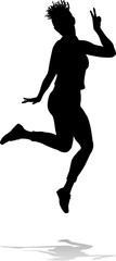 A happy woman jumping for joy in mid air silhouette person concept