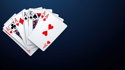 Obraz premium Four aces and royal flush playing cards fanned out on dark background for gambling and poker themes