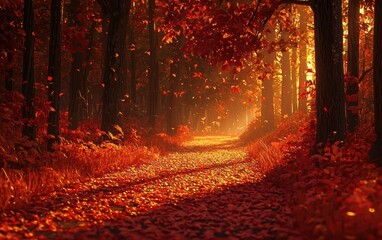 Autumn forest path covered in red and orange leaves, warm golden hour lighting