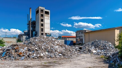 Demolished Factory Building Rubble Piles Under Blue Sky