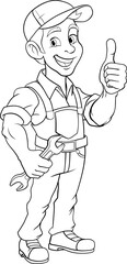 A handyman, mechanic, plumber or other construction cartoon mascot man holding a wrench or spanner tool.
