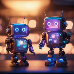 Naklejka premium Digital Companions: Neon-Lit Robot Friends