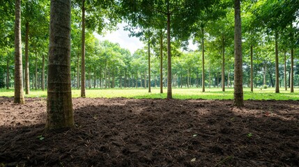Fototapeta premium Forest landscape with numerous trees and visible soil erosion in rubber tree plantation area
