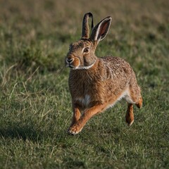 Naklejka premium rabbit in the grass A rabbit sprinting across a meadow at sunrise. A Curious Bunny Rabbit Hopping Through a Field of Lush Green Grass Jack Rabbit