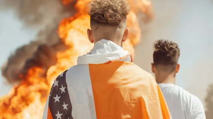 Dramatic Scene of Individuals Facing Flames with American Flag Draped, Symbolizing Passion and Resilience Amidst Turmoil and Conflict in Background