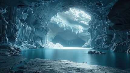 An awe-inspiring cave deep beneath the earth, where the walls shimmer with glowing crystals, and an underground river flows gently over smooth, carved rock formations.