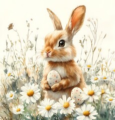Obraz premium Cute bunny holding decorated eggs in a field of daisies surrounded by spring flowers