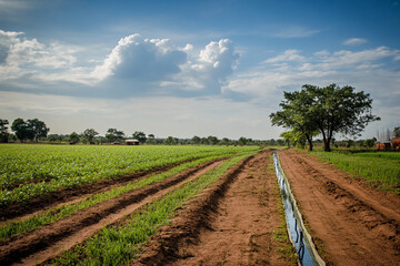 Lush agricultural landscape with irrigation channels and vibrant crops under a blue sky in rural countryside