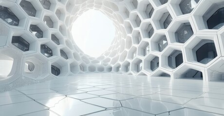 Futuristic honeycomb structure in a soft monochrome palette with bright contrasts, creating a sleek and minimalistic design that highlights geometric patterns and clean lines