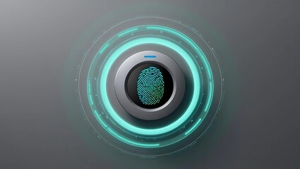 Minimalist futuristic digital interface with glowing fingerprint scan, circular scanner with dynamic data rings on dark background  
