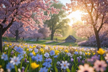 Obraz premium Charming Rural Background Filled with Spring Flowers and Bright Sunshine